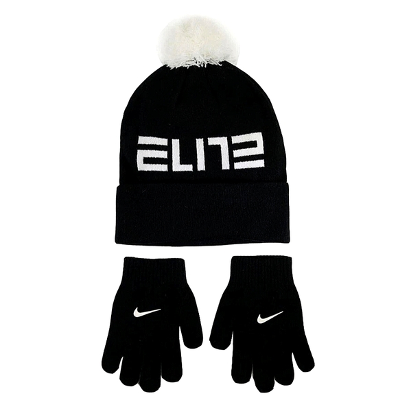 Nike Other - Nike Elite pom-pom beanie winter hat and knit gloves set black & white kids size